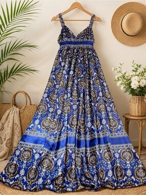 XX3 Blue Paisley Silky Maxi Dress Size Large Smocked Empire Waist Boho